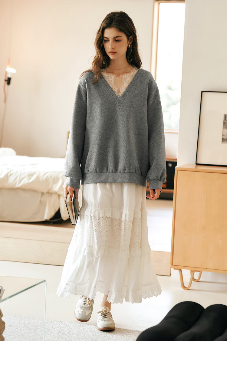Oulain French V-Neck Sweatshirt for Women, Spring New Style Distinctive Lace Casual Pullover Top, High Gray, Size S 14