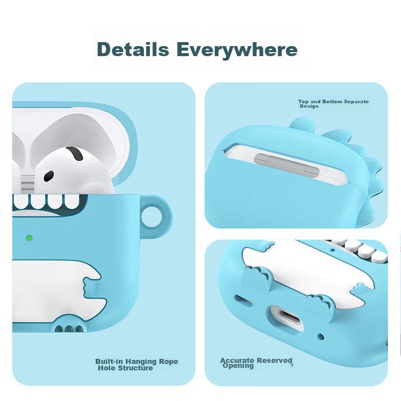 ESCASE AirPods 4 Case, Apple AirPods Fourth Generation Protective Cover 2024, Noise-Cancelling Wireless Bluetooth Earphone Case, Silicone Non-Stick Dust-Proof Trendy Cartoon Dinosaur Design, Blue Color 3