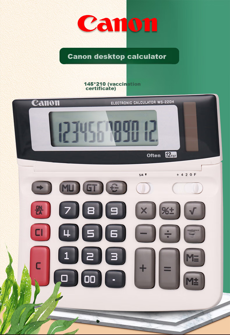 Canon WS-220H Calculator, 12-Digit Display, White, Dual Power Supply, High Precision, for Student Exams And Office Use, Adjustable Screen, Business Portable 1