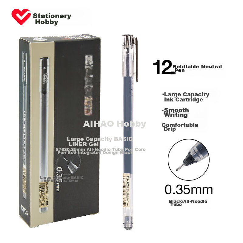 AIHAO Signature Pen, 0.35MM Black Full-Core Large Capacity Gel Pen, Disposable Water-Based Pen, Carbon Ink Gel Pen, Office Supplies, Black Pen, 12 Pieces, 8763