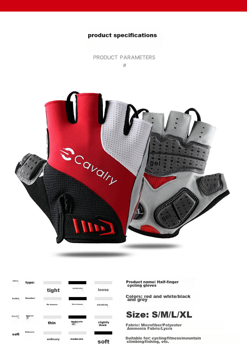 CAVALRY Silicone Half-Finger Gloves for Men And Women, Short Finger Road And Mountain Bike Shock-Absorbing Gloves Cycling Gear Red And White S 13