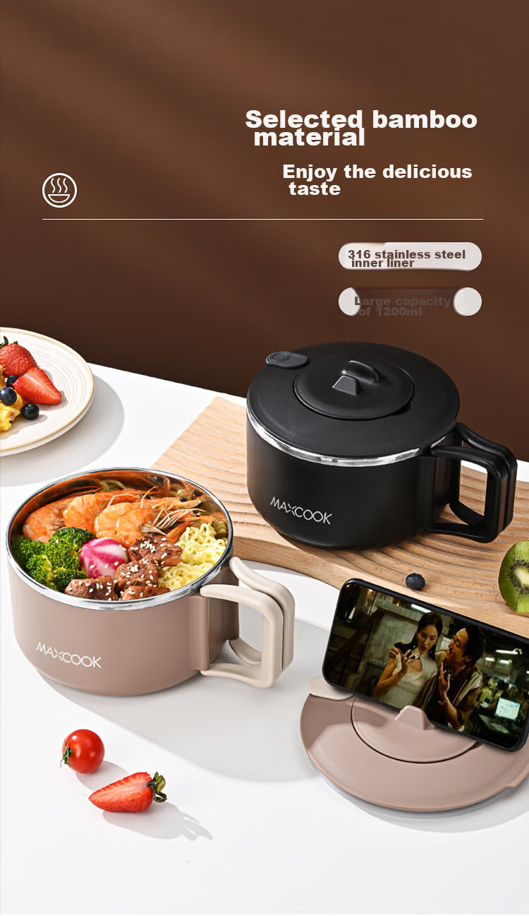 MAXCOOK 316 Stainless Steel Ramen Bowl with Folding Handle, Student Lunch Box, Meal Cup, Ramen Cup 1200ML with Spoon MCWA7697 1