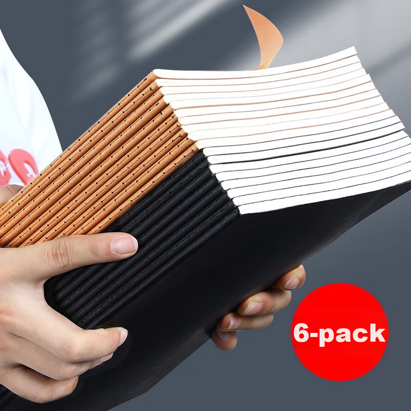 Faramon 6-Pack A5 Kraft Paper Notebooks, Soft Cover with Stitching, Thickened Journal, Office Stationery, Large Size Notebook