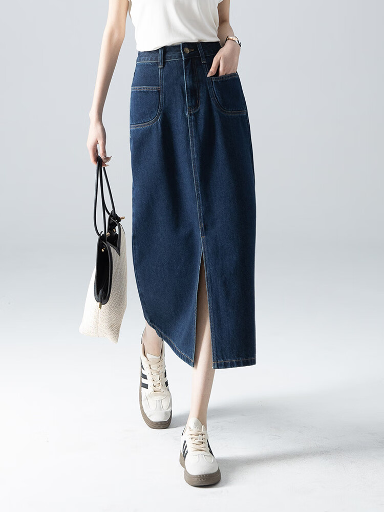 Dme New High-Waisted Retro Straight Loose A-Line Mid-Length Denim Skirt for Women, Dark Blue, Size 29 6