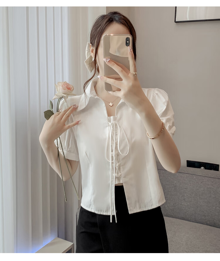 JEANSWEST Women's Summer 2025 Loose Puff Sleeve Short Sleeve Crop Shirt White L 32