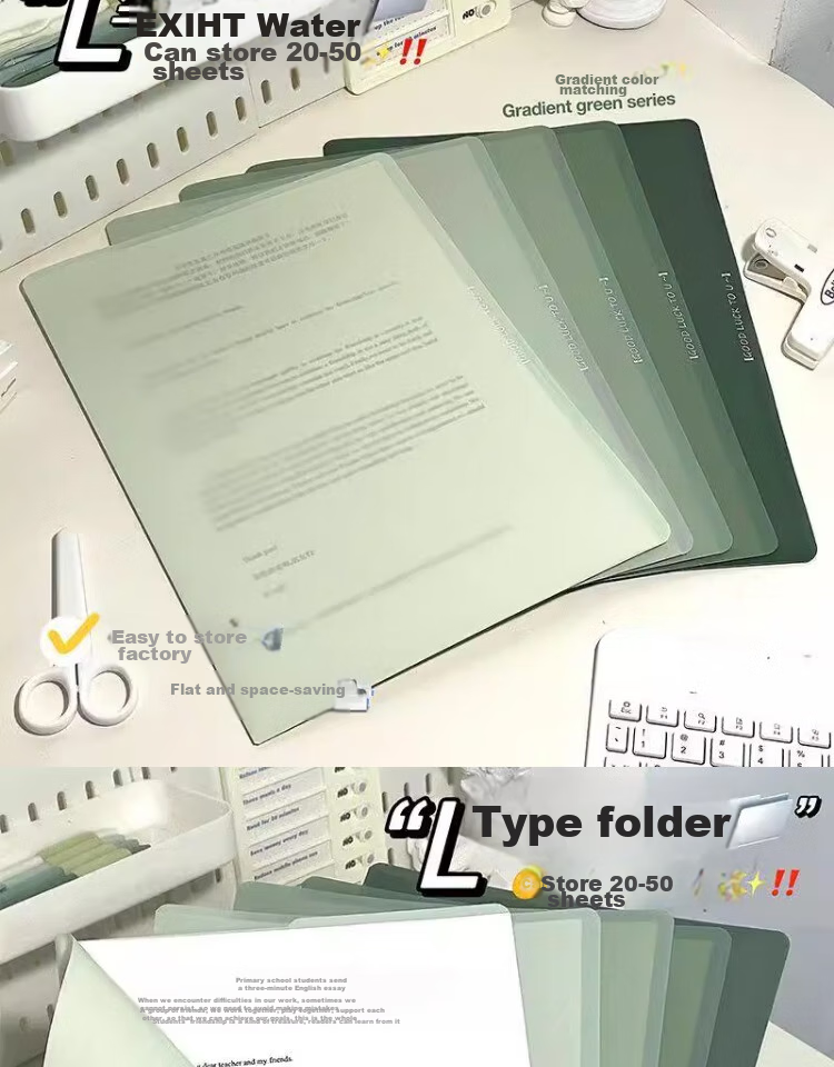 Shaonianban File Folder, Two-Page Document Holder for A4 Gradient Single Sheet, Office Stationery, Single Page Exam Paper Storage Bag, L-Shaped Waterproof Single Sheet Exam Paper Folder, Storage Folder, Green, Pack of 5 11