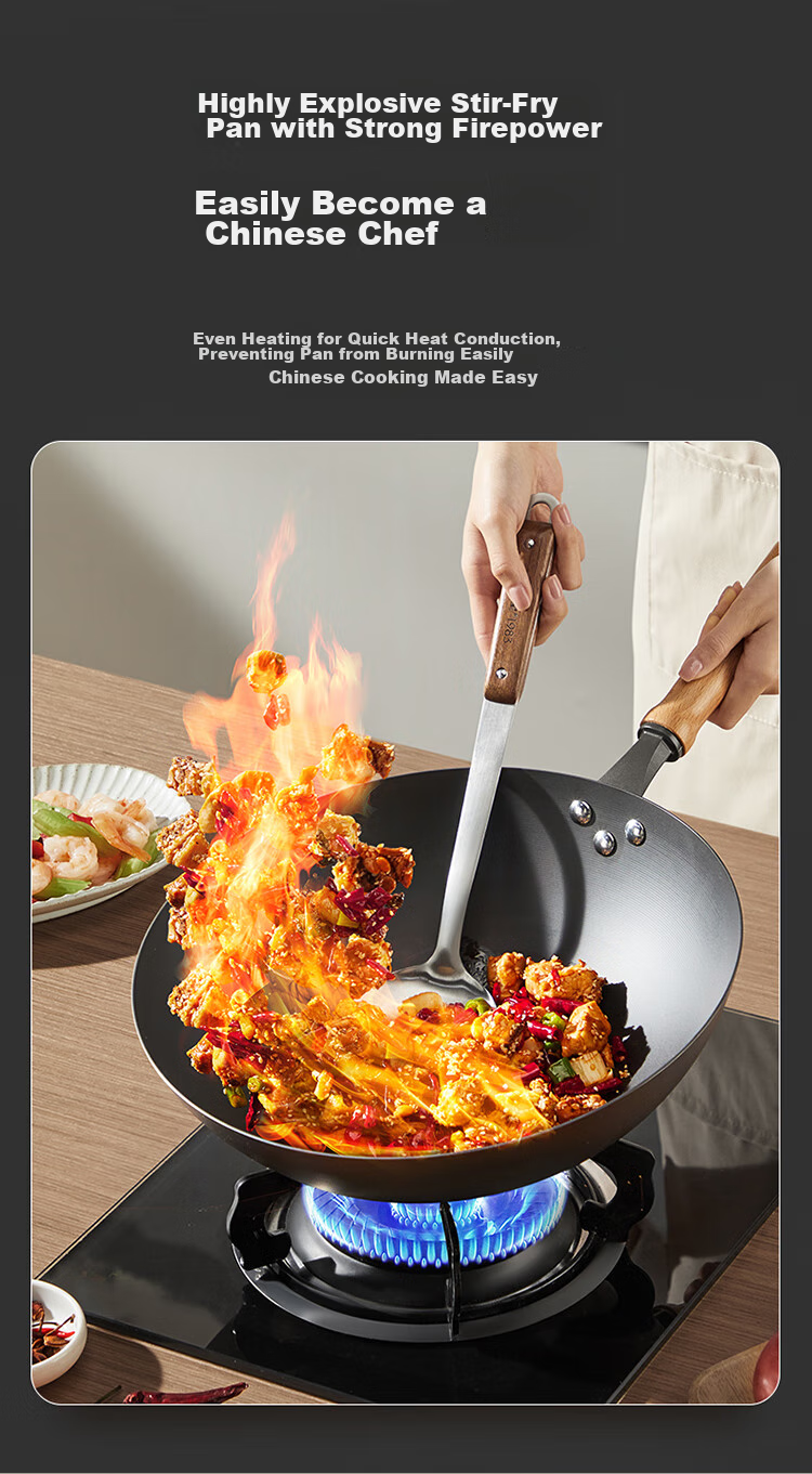 COOKER KING Non-Stick Wok for Home Kitchen Cooking, Traditional Iron Gas Stove Compatible, Uncoated Large Iron Wok, Extreme Iron Wok, 34cm 7