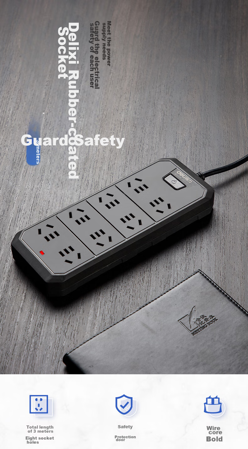 Deli New National Standard 3C Certified Power Strip with Individual Switches, Child Safety Lock, 3 Meters Long, 3985 2