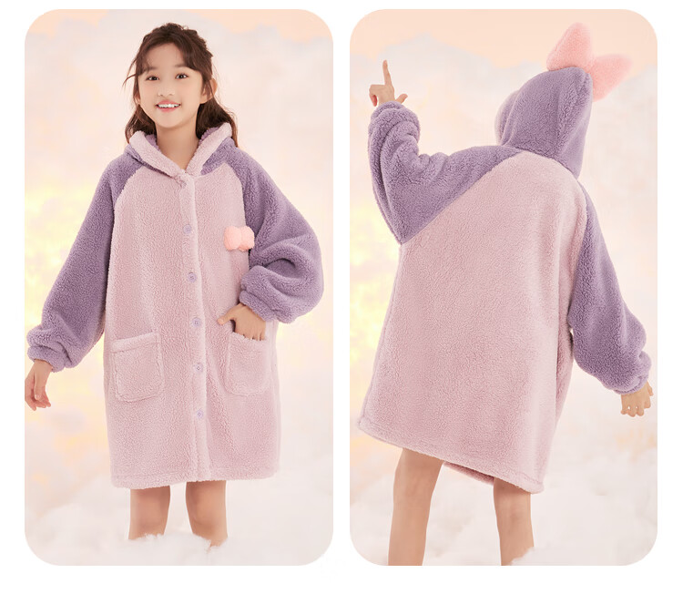 Hodohome Girls' Winter Flannel Warm Pajamas Thickened Fleece Bathrobe Robe 700 Purple Size 130 16
