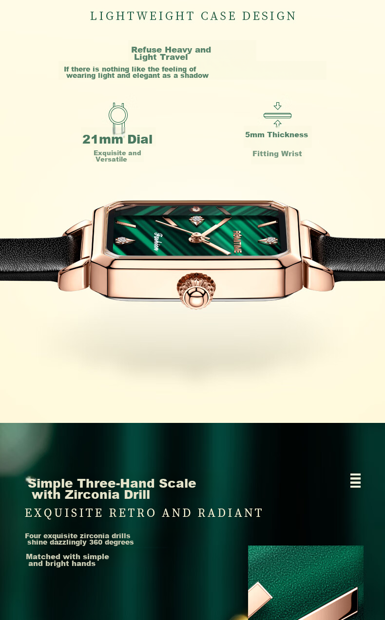 ROMITIME Women's Quartz Watch, Fashionable Elegant Light Luxury Retro Small Green Square Watch, Versatile Student Trendy Wristwatch 7