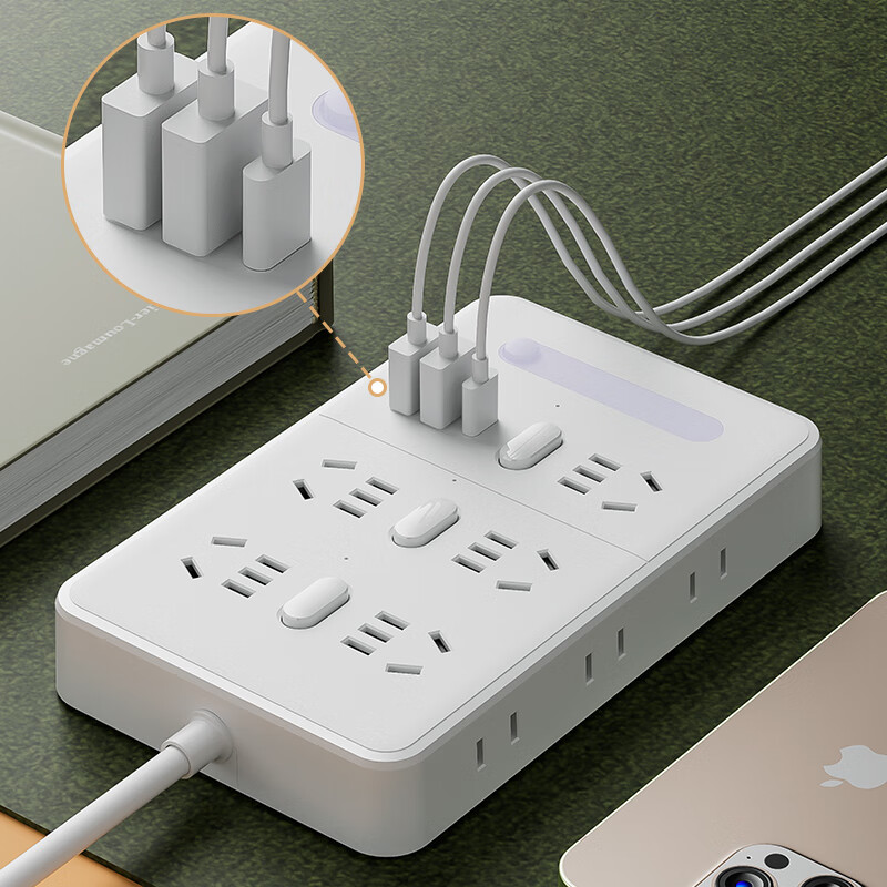 Sushiermo Power Strip with Night Light, 10 Outlets with Individual Control, 2 USB + Type-C Ports, 1.8m Extension Cord