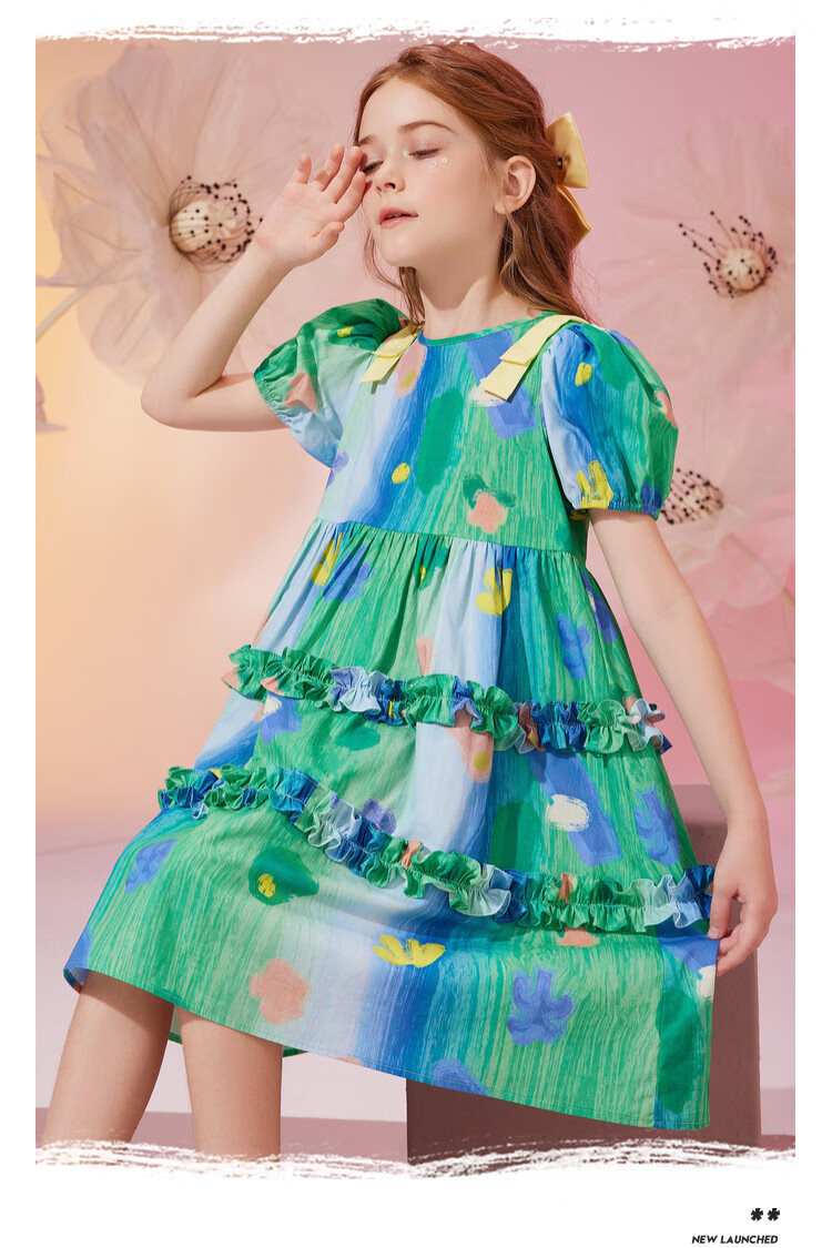 ASK JUNIOR Pure Cotton Girls' Dress, Summer Thin Style, Children's Tie-Dye All-Over Print Indian Princess Dress, Size 160 5