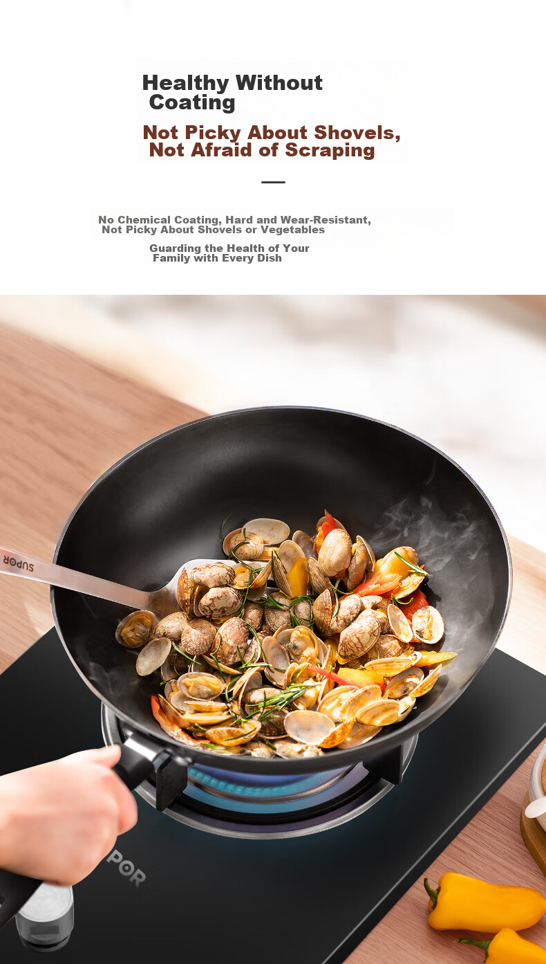 SUPOR Non-Coated Traditional Iron Wok 30CM Stainless Steel Frying Pan Compatible with Gas And Induction Stoves FC30V3 5