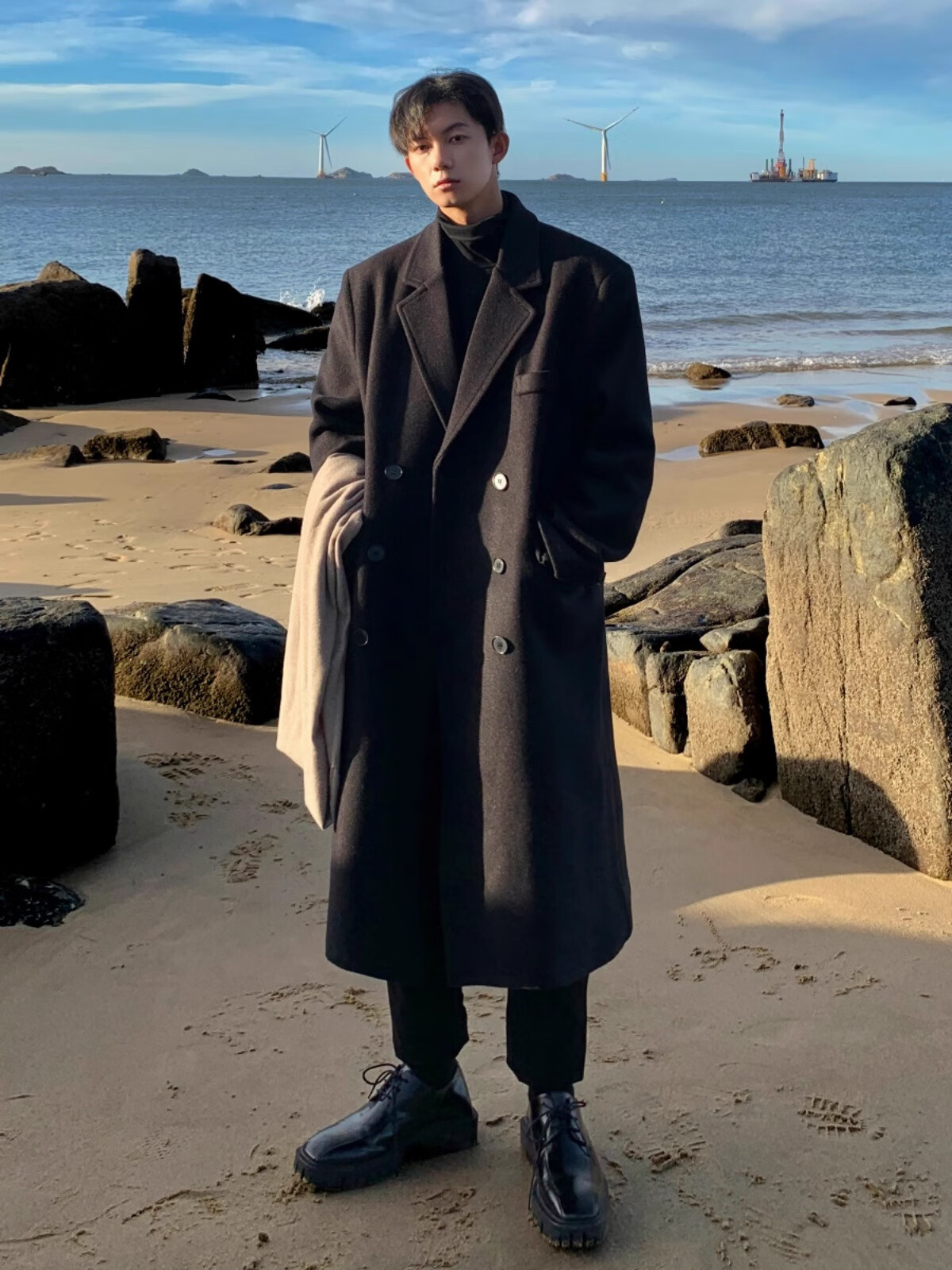 Dingfengbaoluo Men's Woolen Coat Autumn Winter Mid-Length High-End British Style Woolen Trench Coat HT99 Gray 5XL 1
