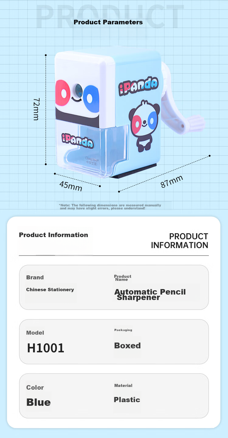Zhonghua H1001 Student Stationery Panda Pencil Sharpener/rotary Pencil Sharpener/automatic Pencil Sharpener for School Opening H1001 Blue 7