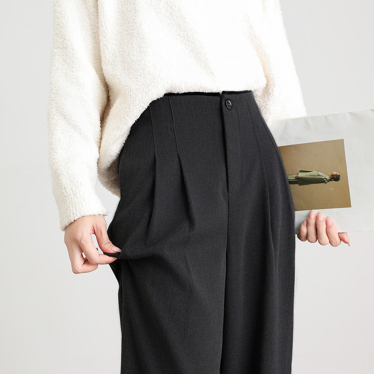 Dme [Zhi Gan Low Saturation] Spring And Autumn Smart Commute Waist-Connecting Color-Block Long Pants, Double-Folded Brushed Women's Casual Trousers