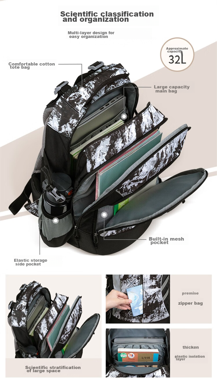 TigerFamily Middle School And High School Student Backpack for Grades 5-9, Spine-Protecting And Load-Reducing Double Shoulder Bag for Boys And Girls 12
