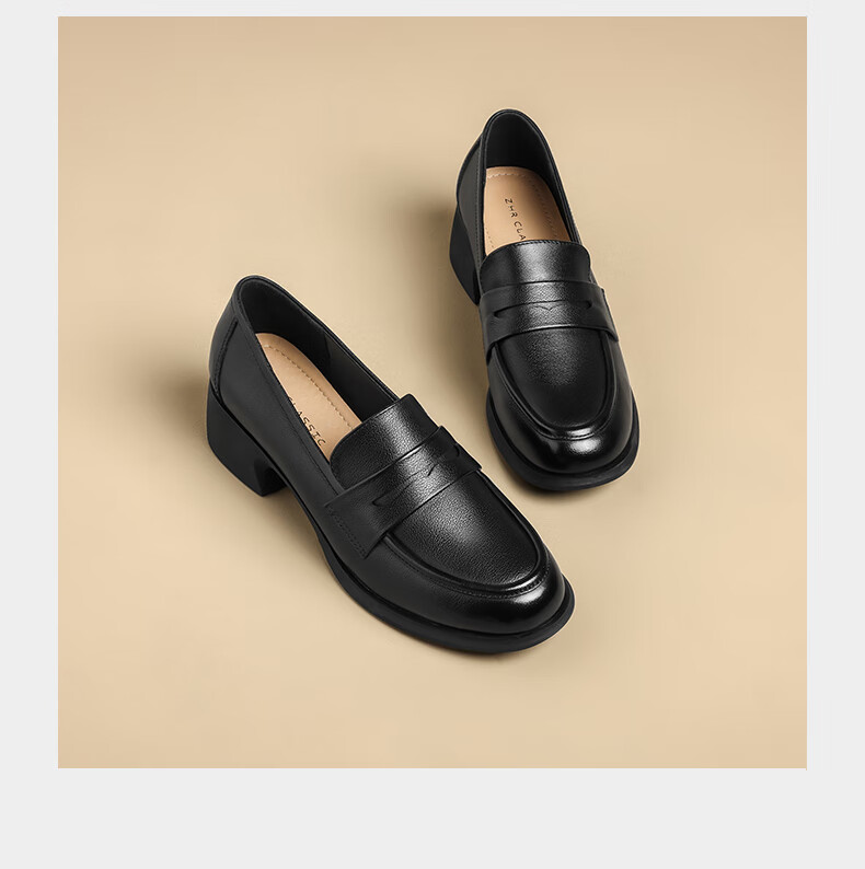 ZHR Top-Grain Leather Loafers for Women, Chunky Heel Commuter Leather Shoes, Slip-On Soft-Soled Flats for Women KM03 Black Size 40 8