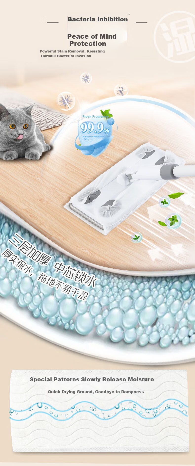 MIAOJIE Flat Mop Cloth, 25cm, 15 Pieces in Total, High-End Model, Wet-Type Paper, Zero Trace, Agile Dust Removal Mop Replacement Pack 2