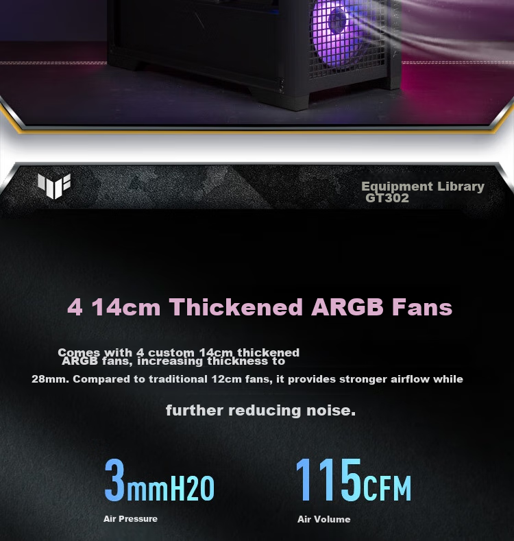 ASUS TUF GAMING GT302 Chassis, Black, Rear BTF 2.0/14cm Thickened ARGB Fan, Dust Filter Included, Strong Heat Dissipation, Interchangeable Side Panels 4