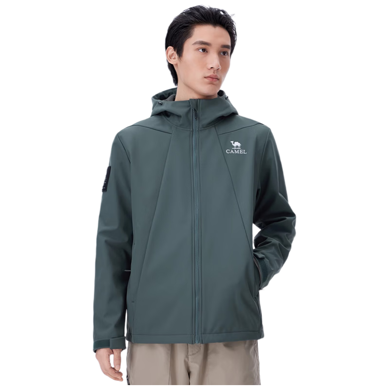 CAMEL Outdoor Integrated Hooded Soft Shell Jacket, Loose-Fitting Top for Women, Water-Repellent And Water-Resistant, Fleece-Lined Coat for Men A14CZ01786