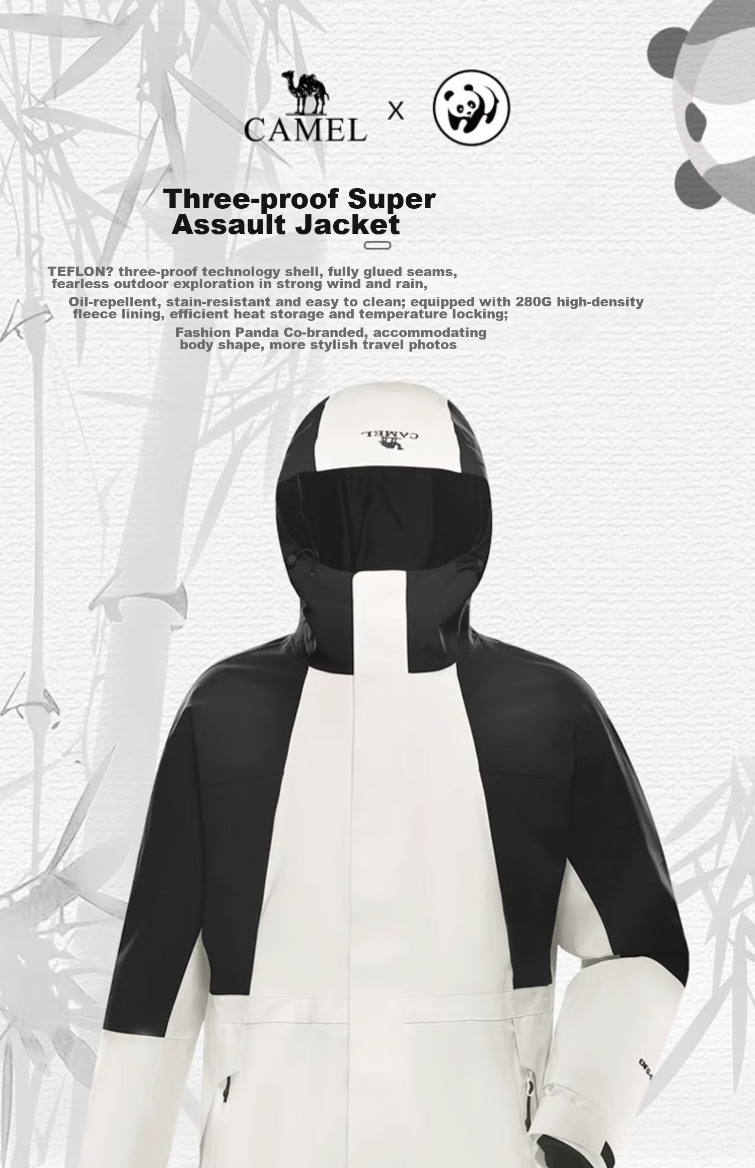 CAMEL Panda Series Three-In Waterproof Jacket for Women, Windproof, Water-Resistant, And Oil-Proof Color Block Coat AA1226a5452 5