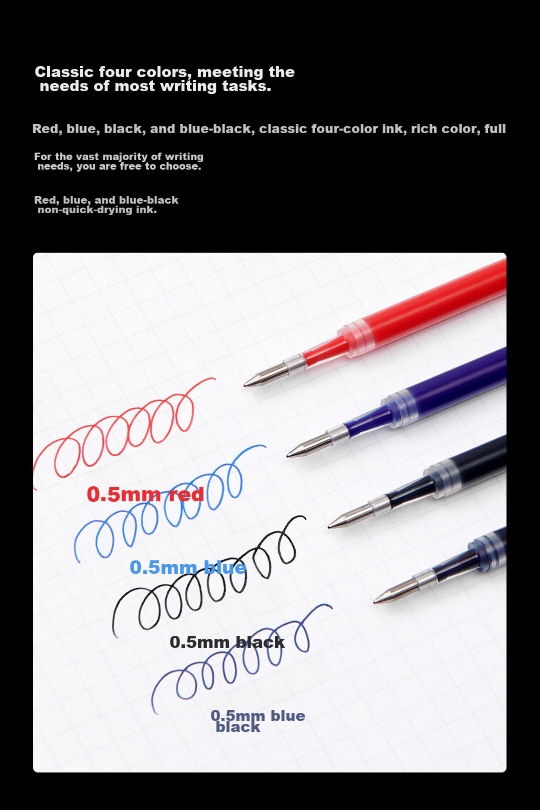 KACO Wensaiya Push-Button Refill 0.5, Gel Pen Refill, Double Ball Quick-Drying, Black, Pack of 10 14