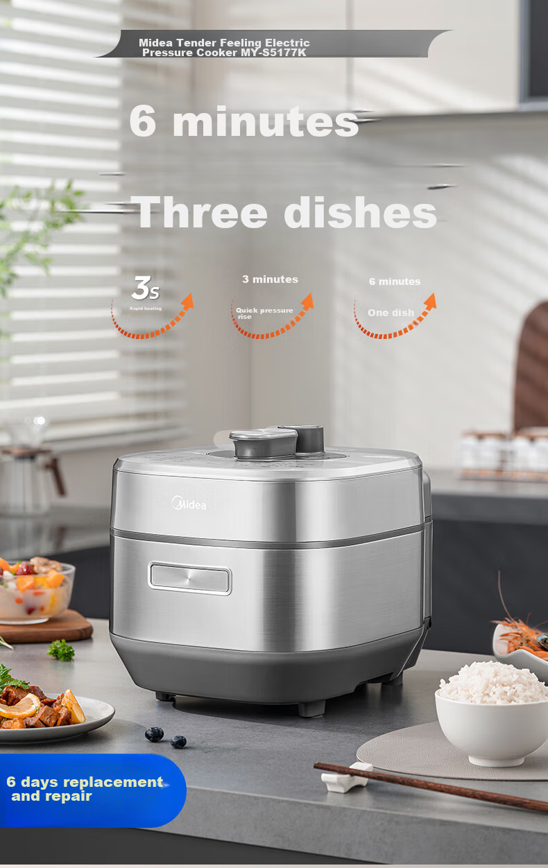 Midea 0 Coating Electric Pressure Cooker, 5L Large Capacity, Home Use, Quick Tendering Sensation, Dual Inner Pot, IH Fully Automatic Intelligent Reservation, Soup Cooking, Rice Cooking, Electric Rice Cooker, High-Pressure Cooker S5177K 2