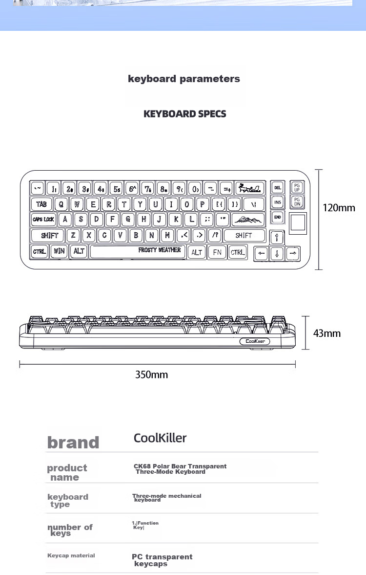 CoolKiller CK68 Polar Bear Wired/wireless/blue Toed Three-Mode Transparent Customizable Mechanical Keyboard, Ice Blade Switches, Linear Switches 20