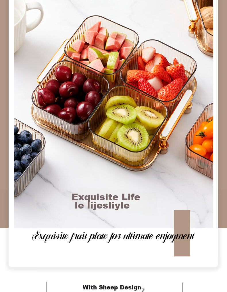 BJ Fruit And Nut Dish with Lid, High-End Divided Plate for Home Use, Candy Snack Luxury Dessert Tray, 6 Compartments, Champagne Color 3