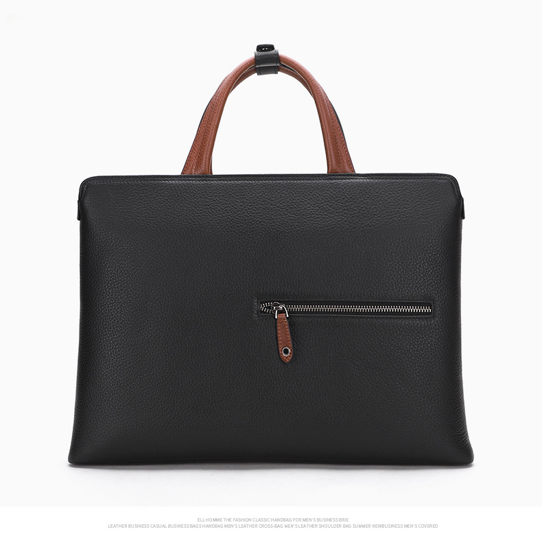 ELLE HOMME Men's Business Briefcase, Fashionable Genuine Leather Handbag, Horizontal Trendy Simple Cowhide Men's Bag, 12510 Black 11