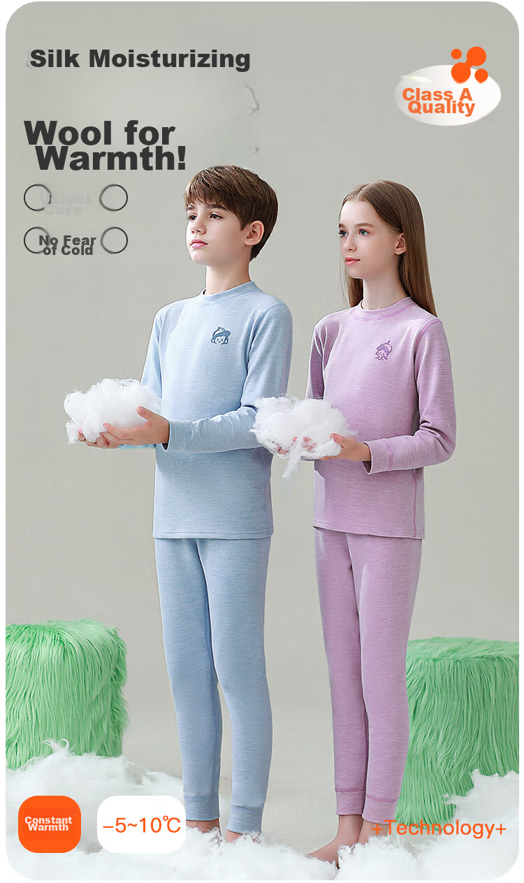 MiiOW Children's Thermal Underwear Set for Boys with Wool And Silk, Autumn Top And Pants, for Older Children's Pajamas, Blue, Size 170 2