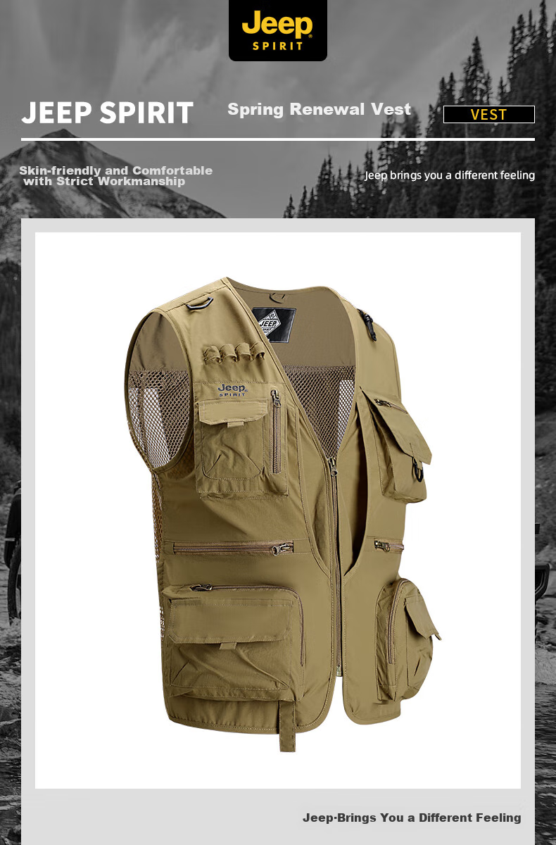 JEEP SPIRIT Men's Vest, Spring And Autumn Outdoor Fishing Multi-Pocket Sleeveless Jacket, Military Green, 2XL 1
