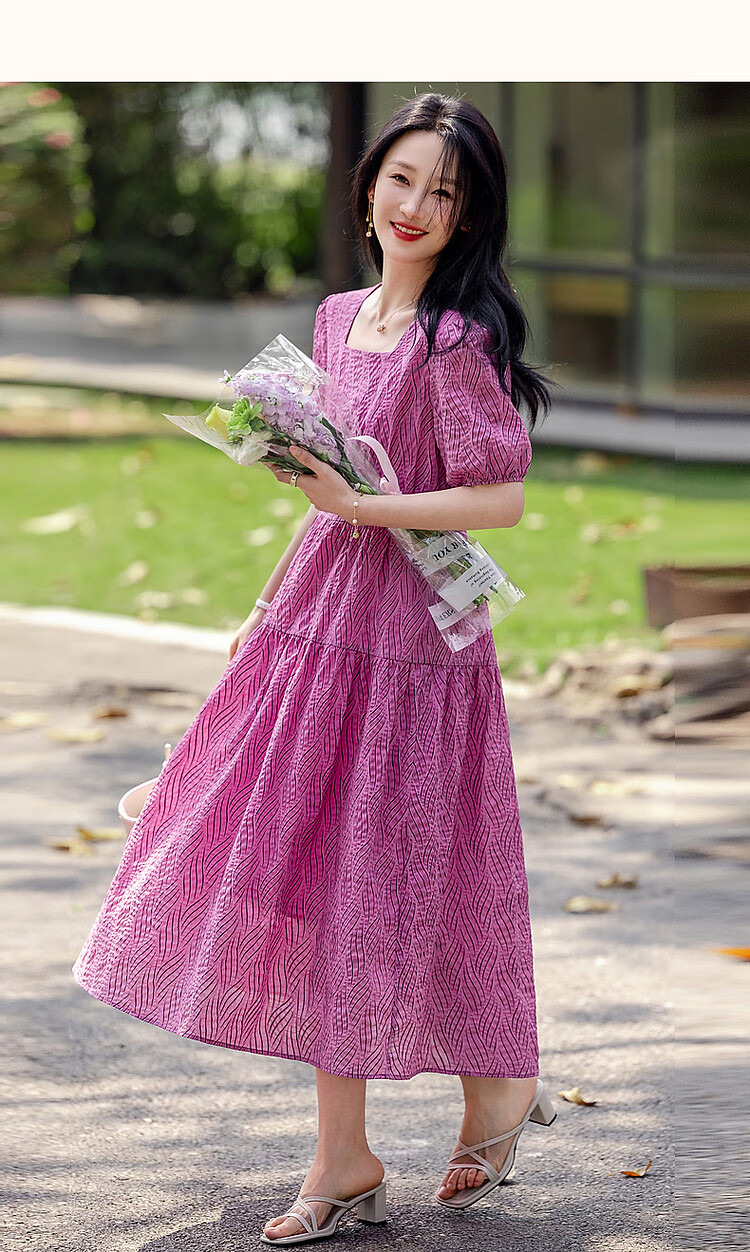 Dme [Bubble Pleated Texture] Summer French Square Neck Cotton Waist-Cinching Ruched Wide-Leg Waist-Cinching Dress 15
