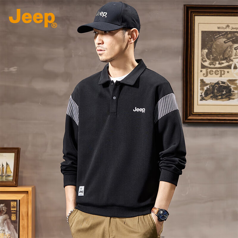 JEEP Men's Sweatshirt with Lapel Collar And Contrasting Stripes, Autumn 2026 Trendy Versatile Long-Sleeve Jacket from Fashion Brand