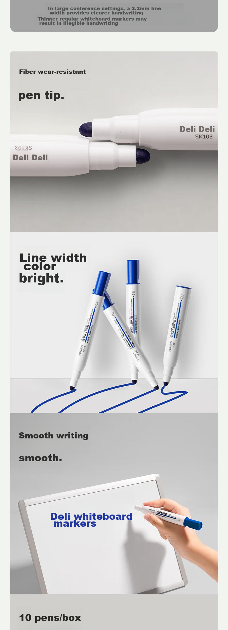Deli Chubby Whiteboard Markers Bold Lines, Erasable, Easy to Erase Smooth Writing, Durable For Office, Teaching, And Meetings Blue, 10 Pcs/box SK103 3