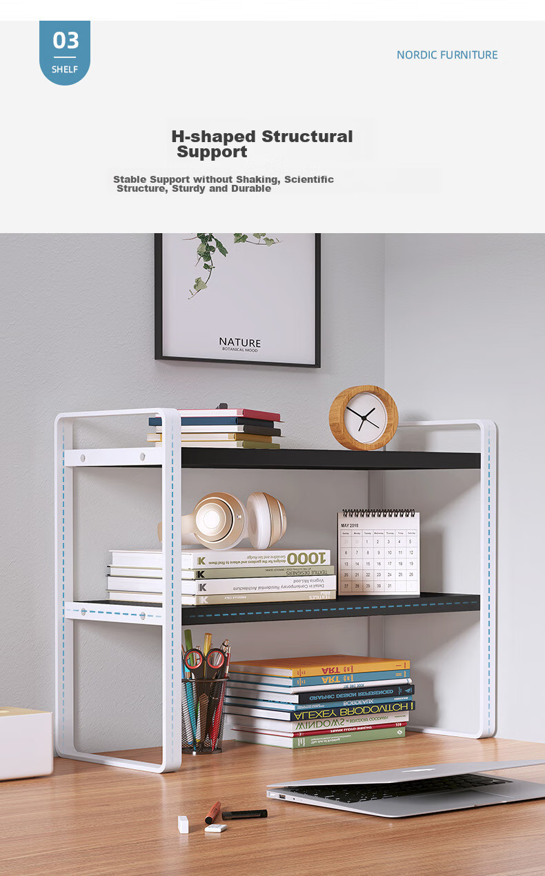 Anerya Desktop Bookshelf, Multi-Layer Iron Art Storage Rack for Books, Double-Layer Nordic Maple Wood - White Frame 40cm Long 9