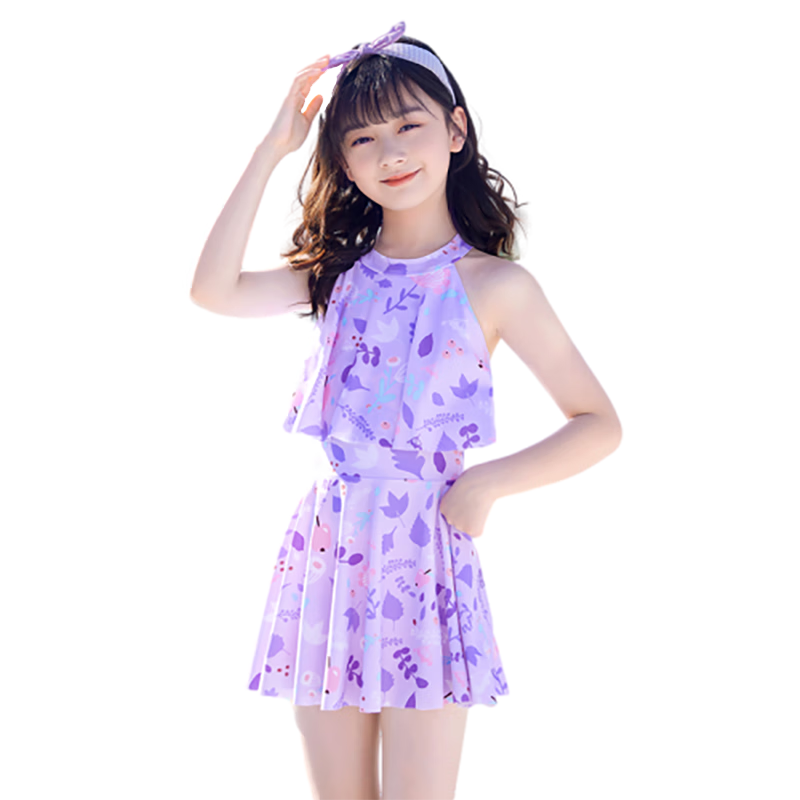 Huili Children's Swimsuit, One-Piece Dress for Girls, Swimming Costume for Older Children And Teenagers, Four-Piece Set, 34064 Purple, 4XL