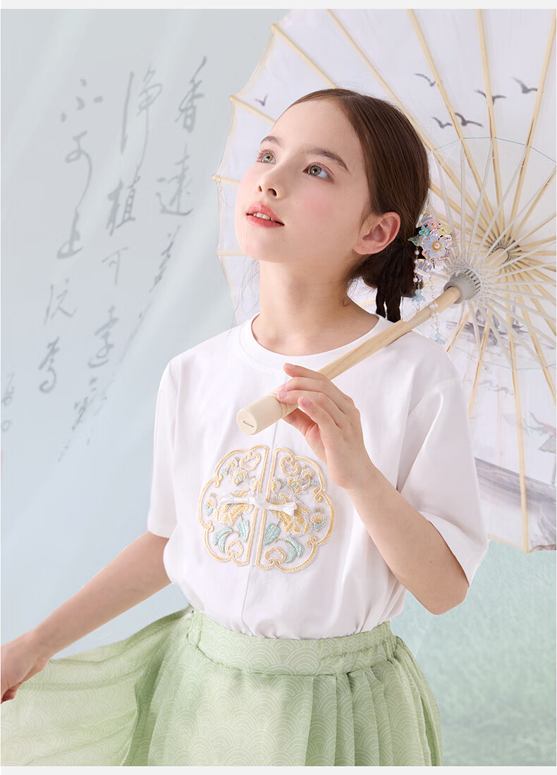 Duomiaowu Girls' Short-Sleeve T-Shirt, Summer Children's Top, Big Kids' Chinese-Style Summer Outfit, Stylish Undershirt, 81869 White, Size 120 6