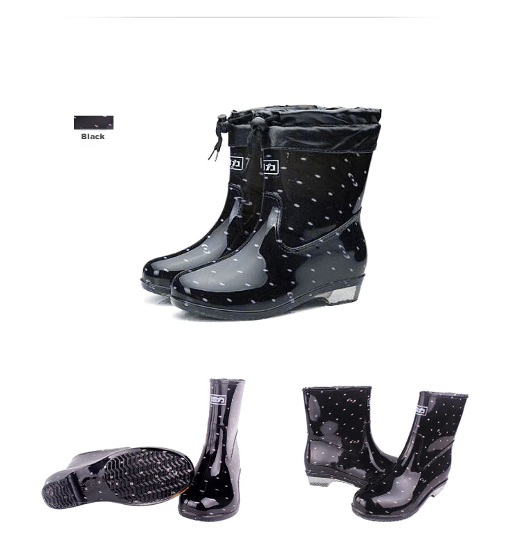 Huili Women's Mid-Calf Waterproof Rubber Boots, Fleece-Lined for Warmth, Rain Boots, Overshoes, Model 6523, Black, Size 40 5