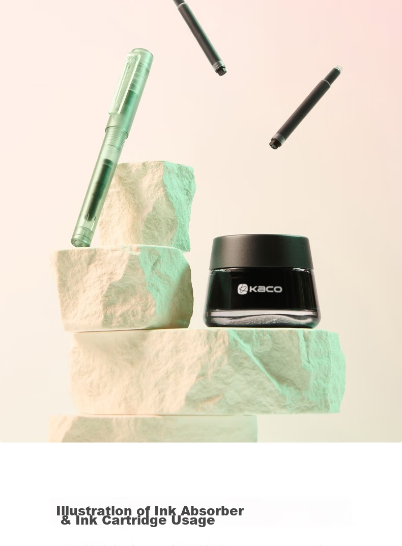 KACO SKY Fountain Pen for Primary School Students Grades 3-6, Replaceable Ink Cartridge, Adult Handwriting Practice, Third Grade Fountain Pen EF Nib PP Box with Ink Cartridge And Ink Absorber (Black Rock) 12