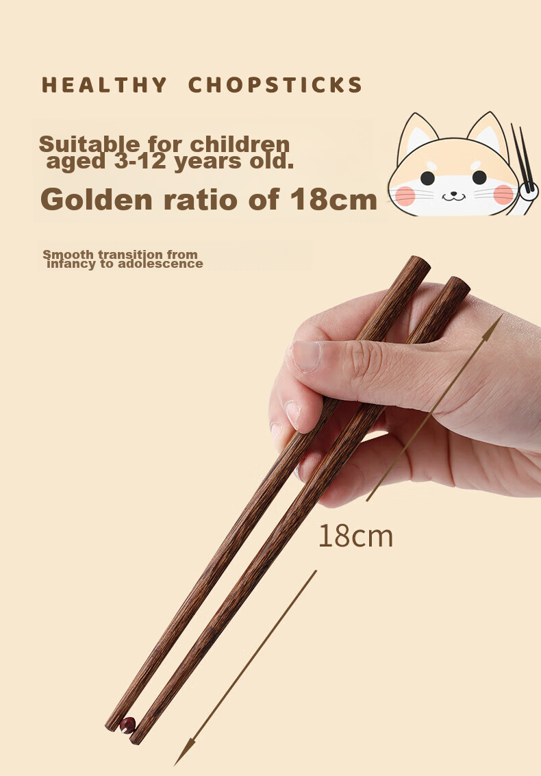 Tangzongkuai Children's Chopsticks Set of 6 Pairs, Training Chopsticks for Toddlers And Kids 3-12 Years Old, Unvarnished Wooden Tableware Set 3