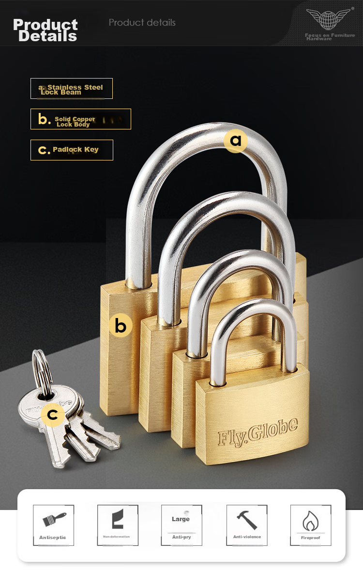 Fly.Globe Brass Padlock, Waterproof And Rust-Resistant Lock, Door Lock, Drawer Lock, Cabinet Lock, Anti-Theft Window Lock, 30MM 9