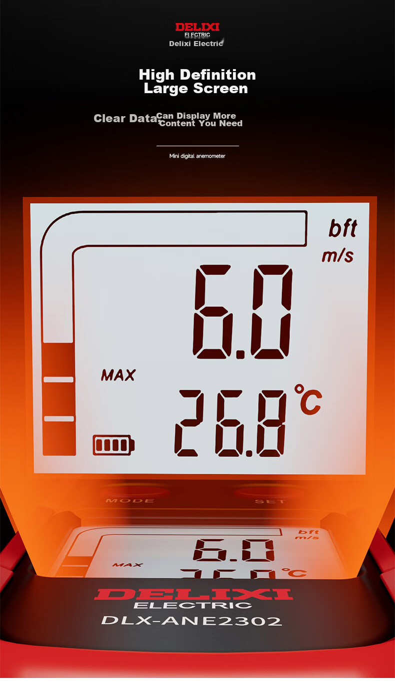 Delixi Electric Anemometer High-Precision Airflow Wind Speed Meter Wind Speed Sensor Handheld Wind Speed Measuring Instrument Wind Force Tester 6