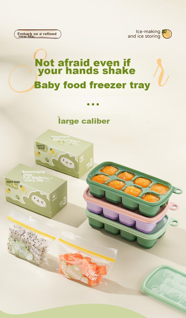 CAIZHI Baby Food Tray Set, Silicone Freezer Trays for Infant Food Storage, Green + Bags, 36 Pieces CZ6748 1
