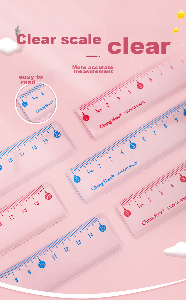 Zhonghua (Chung Hwa) Explosion-Proof, Wear-Resistant, High-Precision Plastic Straight Ruler, 20cm Multiple Sizes, Student Ruler for Drawing And Measurement, Scribing Ruler, Wave Straight Ruler, High Transparency Acrylic, RB0007 Pink 5