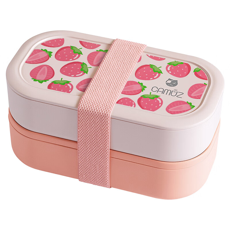 CAMUZ Bamboo Fiber Lunch Box, Japanese-Style Double-Layer Bento Box, Microwave Safe, Sealed 1200ML, Pink Strawberry