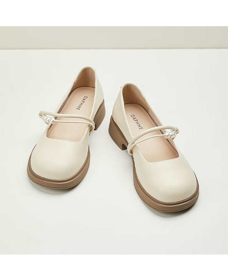 DAPHNE Flat Leather Shoes for Women, Comfortable Versatile French Mary Jane Shoes, Shallow Mouth Loafers, Soft Leather Flats, Beige, Size 35 9