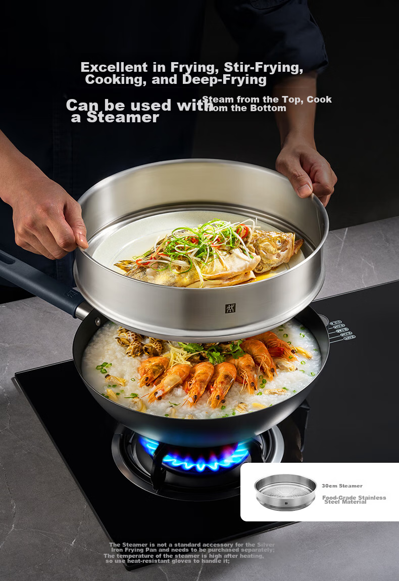 ZWILLING Iron Wok, Non-Coated, Suitable for Induction And Gas Stoves, Silver Iron Wok, 30cm 12