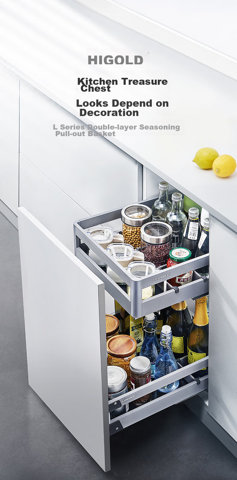 HIGOLD Kitchen Double-Layer Cabinet, Spice Drawer-Style, 304 Stainless Steel Bowl Basket, Seasoning Basket, Dish Rack Storage Cabinet 1